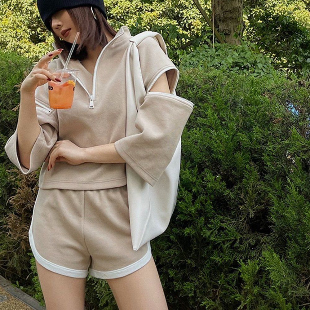 Colorblock Beige/White Pull-on High Waist Sweat Shorts